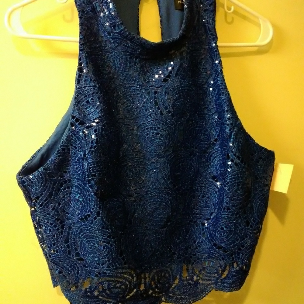LOVE REIGNS CROP SEQUIN € LACE TOP,  SZ 13